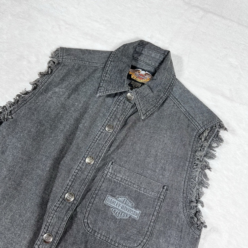 Harley-Davidson Women's Sleeveless Black Denim‎ Fray Shirt Xsmall Biker Moto